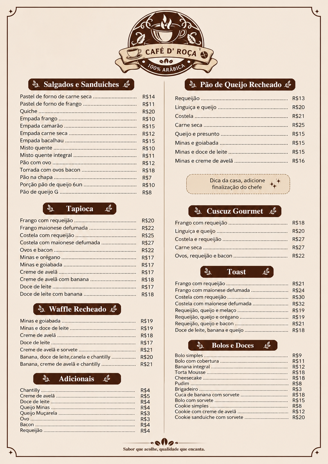 Cardápio Café D' Roça — salgados, tapiocas, waffles, toasts, bolos e doces