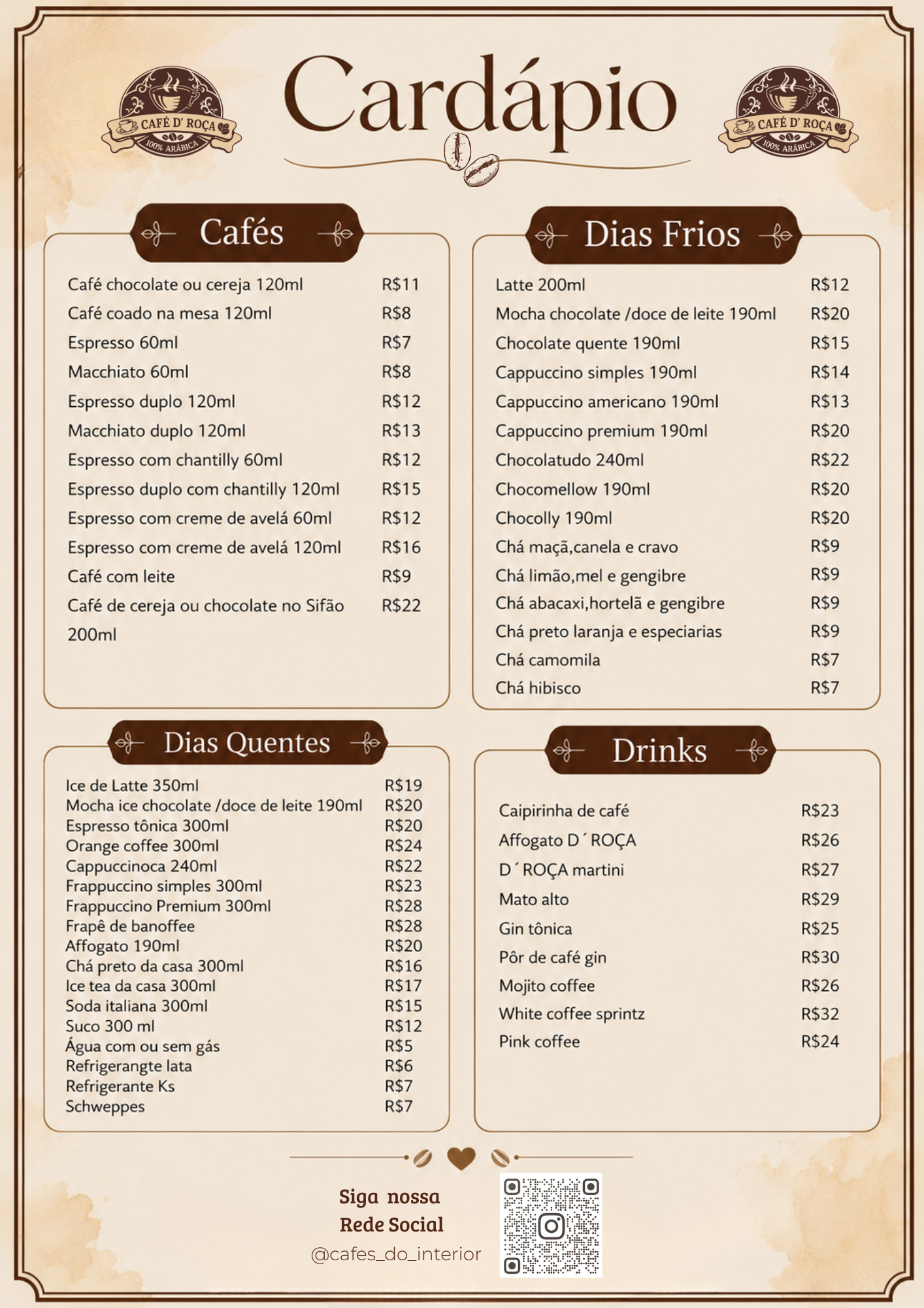 Cardápio Café D' Roça — cafés, dias frios, dias quentes e drinks